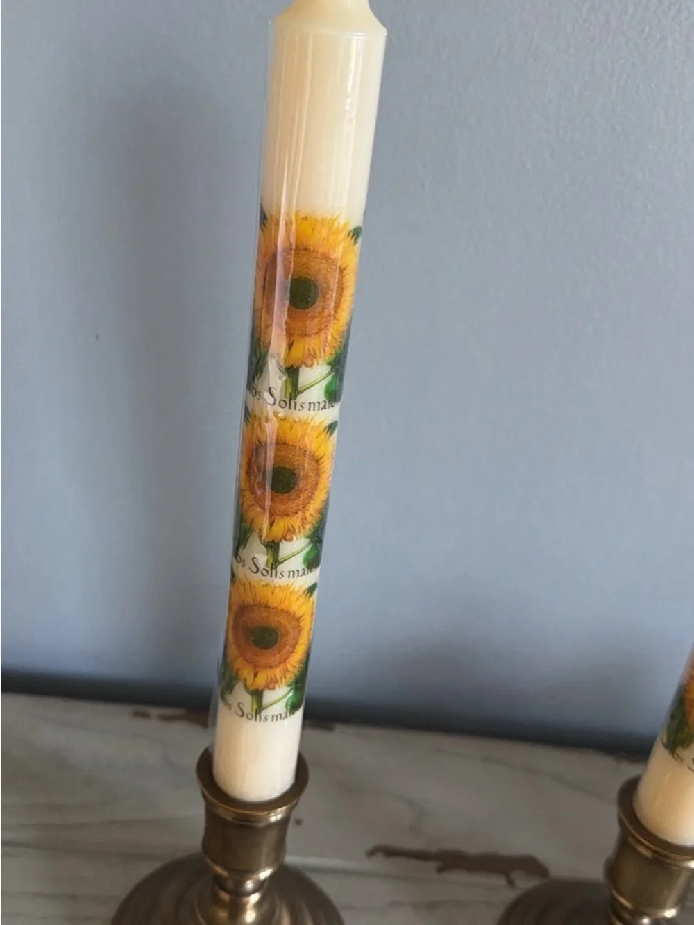 Sunflower Decorative Taper Candles w/Vintage Brass holders- Set of 2